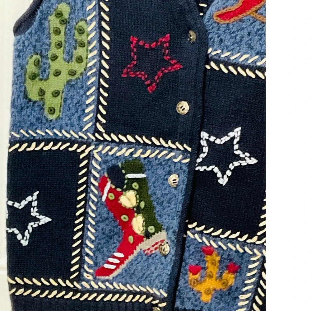 Quacker factory western cowboy boot cactus sweater vest women's S Embroidered TX